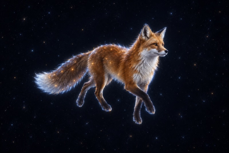 A painted fox against the night sky