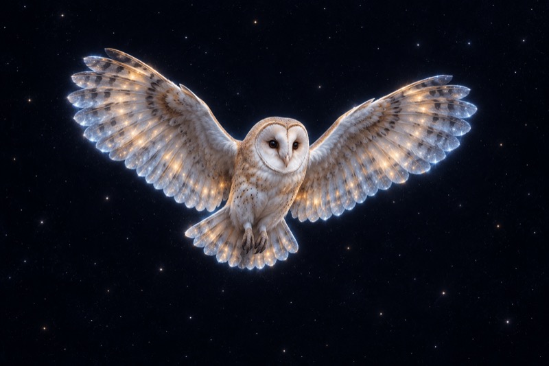A painted owl spreads its wings among the stars